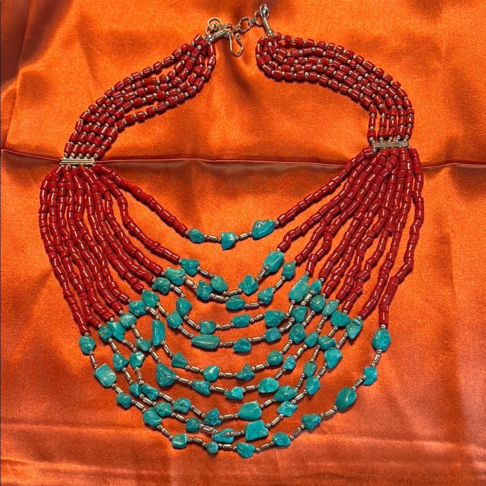 Elegant Red and Turquoise Beaded Necklace